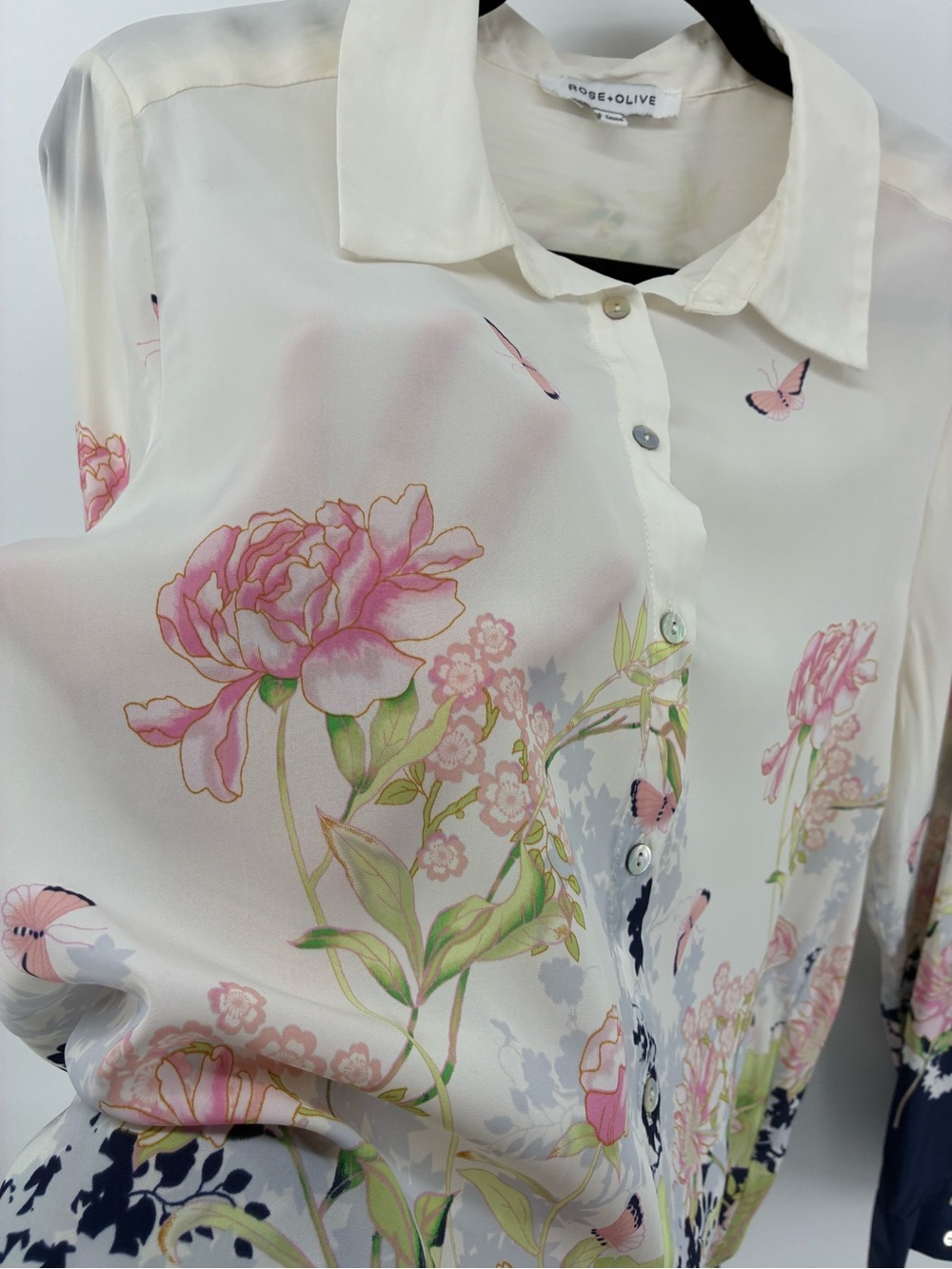 Floral Butterflies Button-Up Blouse in Ivory and Navy - Picture 5 of 11
